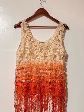David Collection Ombre Lace Fringe Tank - Cream to Orange